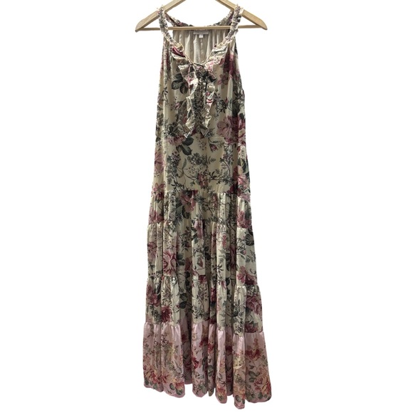 Super Natural by Secret Mission Emma Floral Maxi Dress Ruffle Lace Up Front | L - Picture 1 of 9